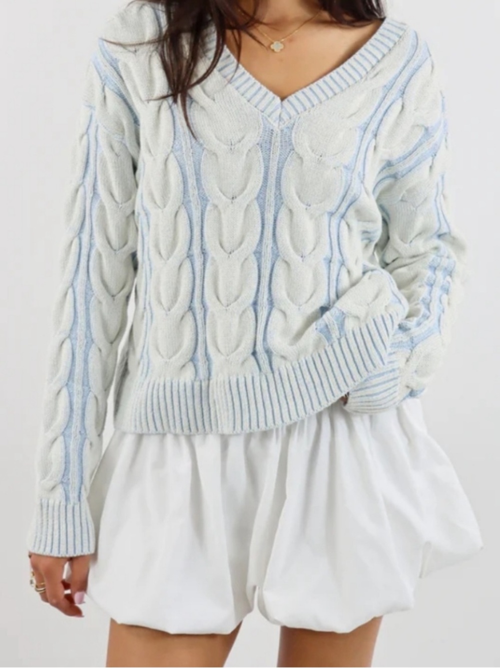 NEW Free People Light Blue Washed Cable Knit V Neck Pullover Sweater